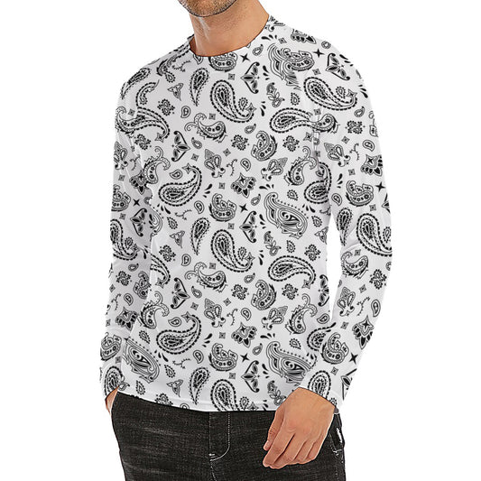 White Paisley Bandana Pattern Print Men's Long Sleeve Rash Guard