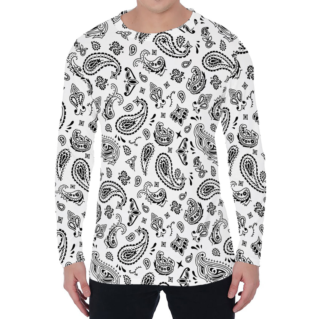 White Paisley Bandana Pattern Print Men's Long Sleeve T-Shirt