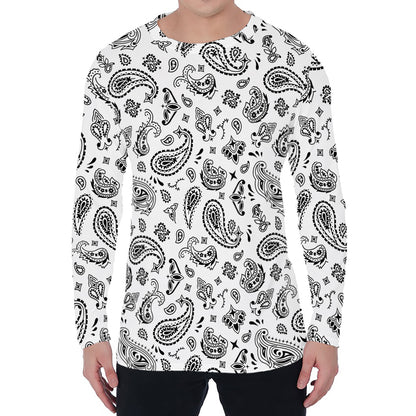 White Paisley Bandana Pattern Print Men's Long Sleeve T-Shirt