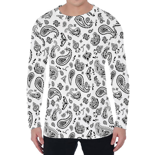 White Paisley Bandana Pattern Print Men's Long Sleeve T-Shirt