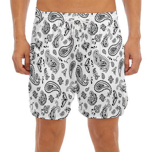 White Paisley Bandana Pattern Print Men's Split Running Shorts