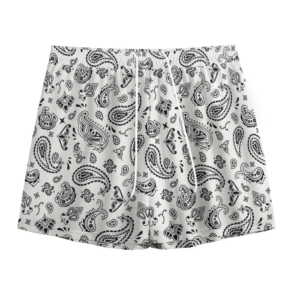 White Paisley Bandana Pattern Print Mesh Shorts