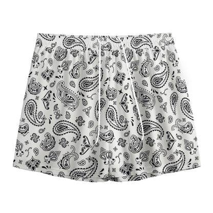 White Paisley Bandana Pattern Print Mesh Shorts