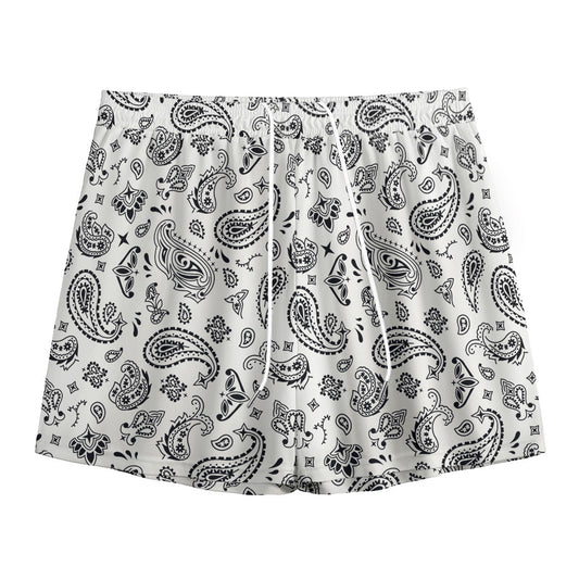 White Paisley Bandana Pattern Print Mesh Shorts