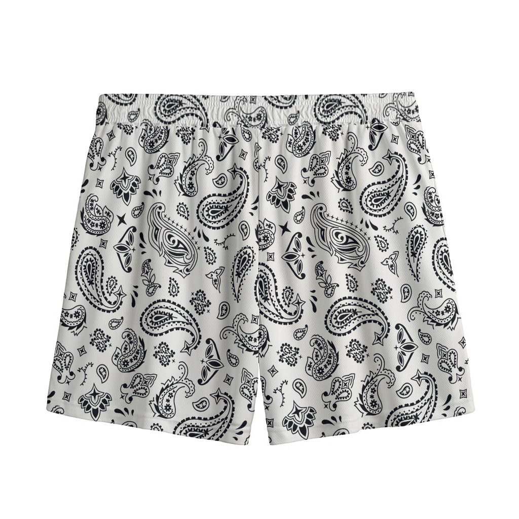 White Paisley Bandana Pattern Print Mesh Shorts