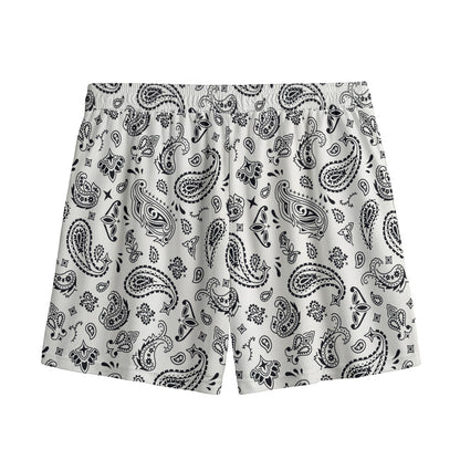 White Paisley Bandana Pattern Print Mesh Shorts