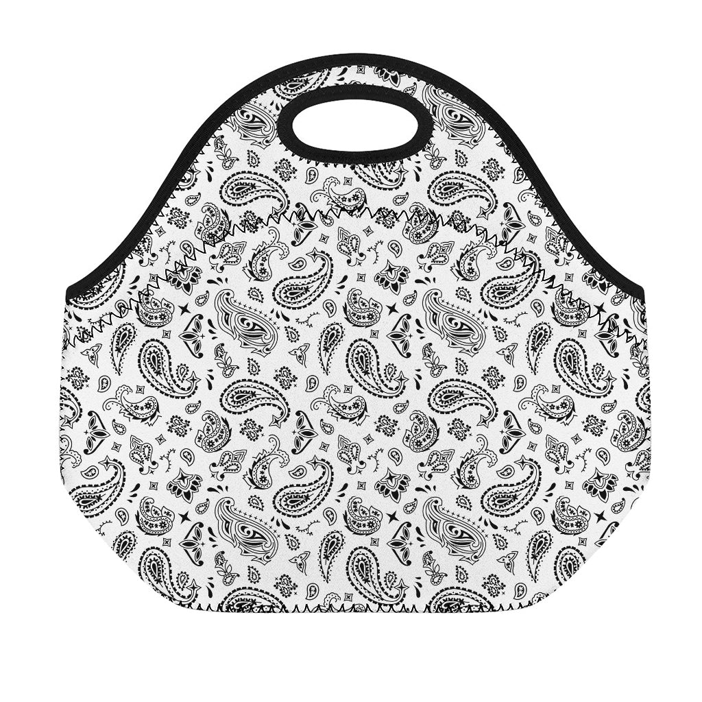 White Paisley Bandana Pattern Print Neoprene Lunch Bag