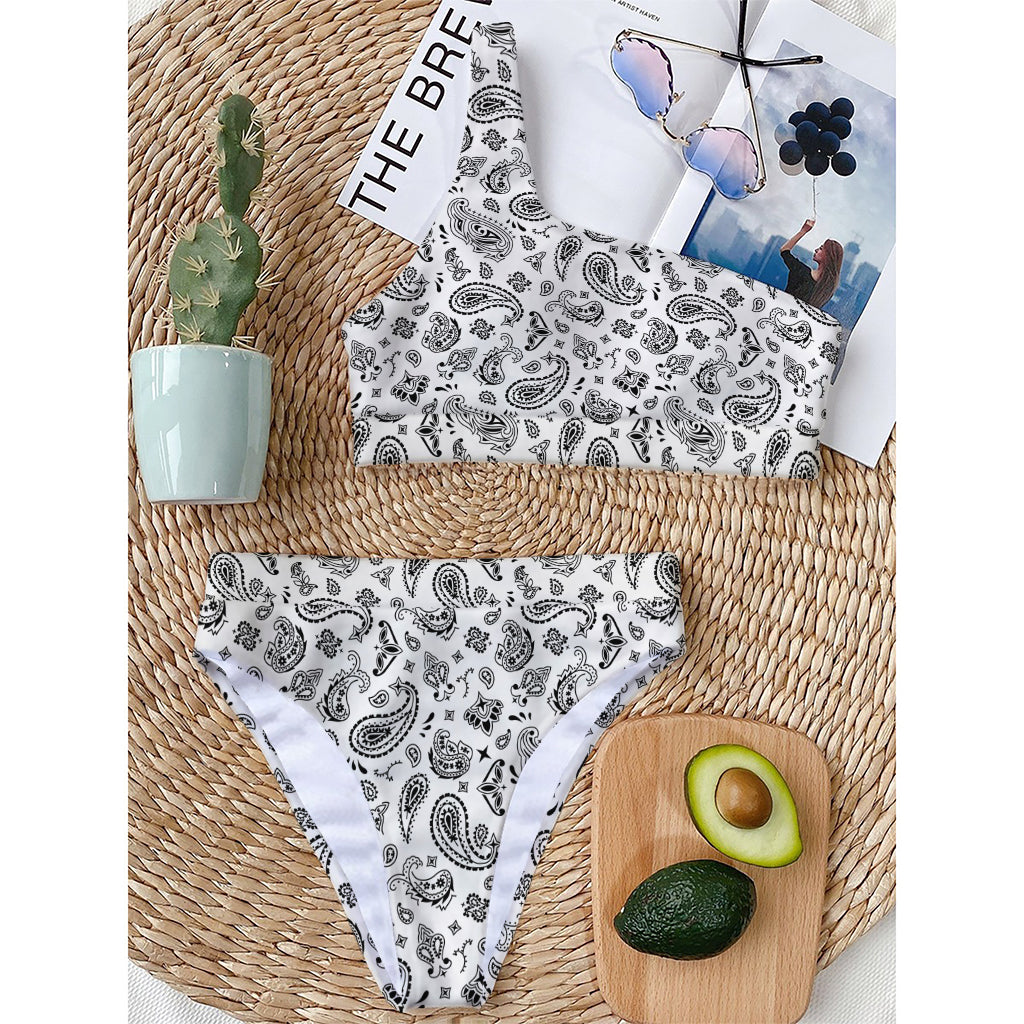 White Paisley Bandana Pattern Print One Shoulder Bikini Top