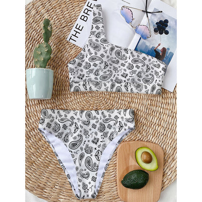 White Paisley Bandana Pattern Print One Shoulder Bikini Top
