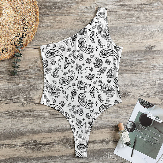 White Paisley Bandana Pattern Print One Shoulder Bodysuit