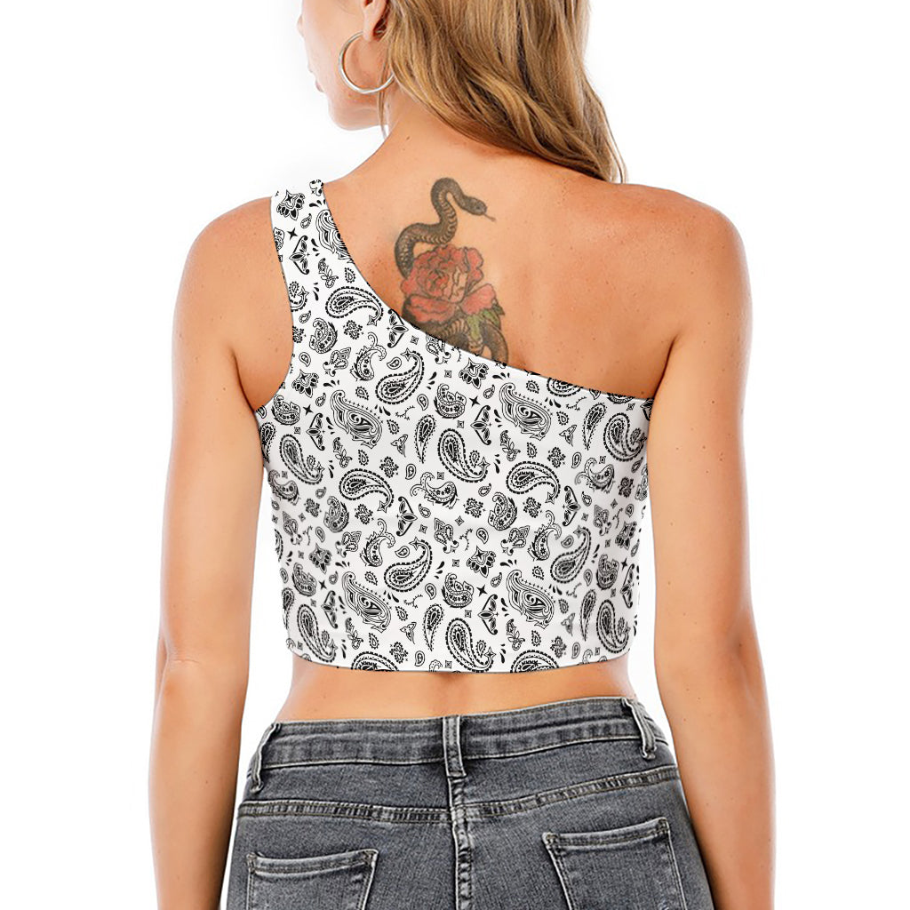 White Paisley Bandana Pattern Print One Shoulder Crop Top
