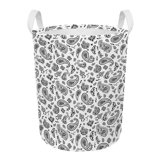 White Paisley Bandana Pattern Print Round Laundry Basket