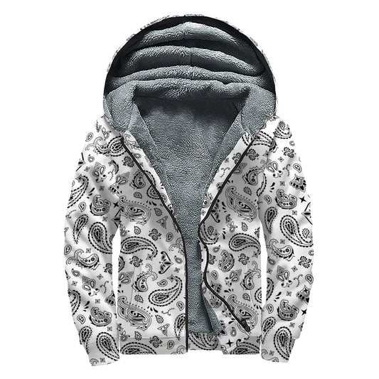 White Paisley Bandana Pattern Print Sherpa Lined Zip Up Hoodie