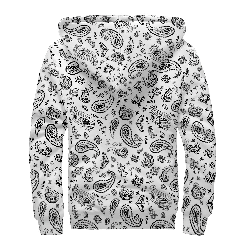White Paisley Bandana Pattern Print Sherpa Lined Zip Up Hoodie