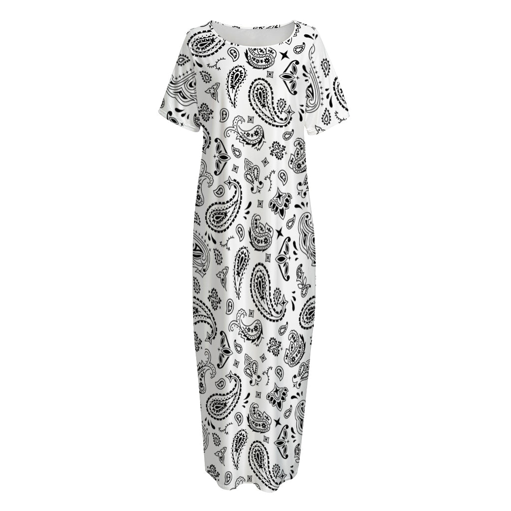 White Paisley Bandana Pattern Print Short Sleeve Long Nightdress