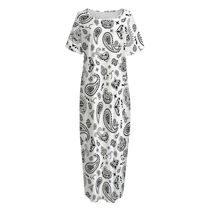 White Paisley Bandana Pattern Print Short Sleeve Long Nightdress