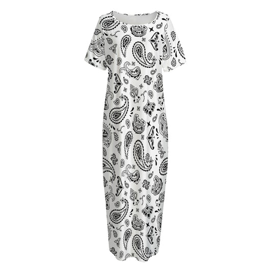 White Paisley Bandana Pattern Print Short Sleeve Long Nightdress
