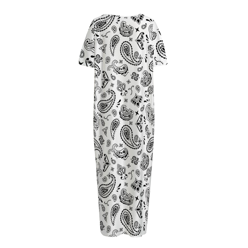 White Paisley Bandana Pattern Print Short Sleeve Long Nightdress