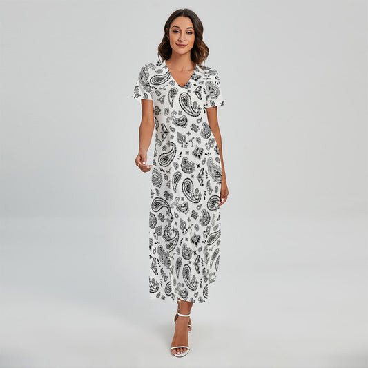 White Paisley Bandana Pattern Print Short Sleeve Maxi Dress
