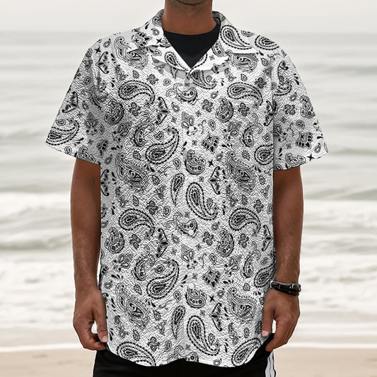 White Paisley Bandana Pattern Print Textured Short Sleeve Shirt