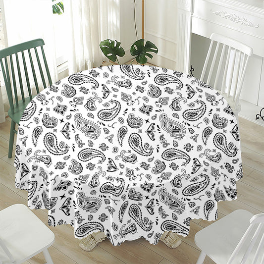 White Paisley Bandana Pattern Print Waterproof Round Tablecloth