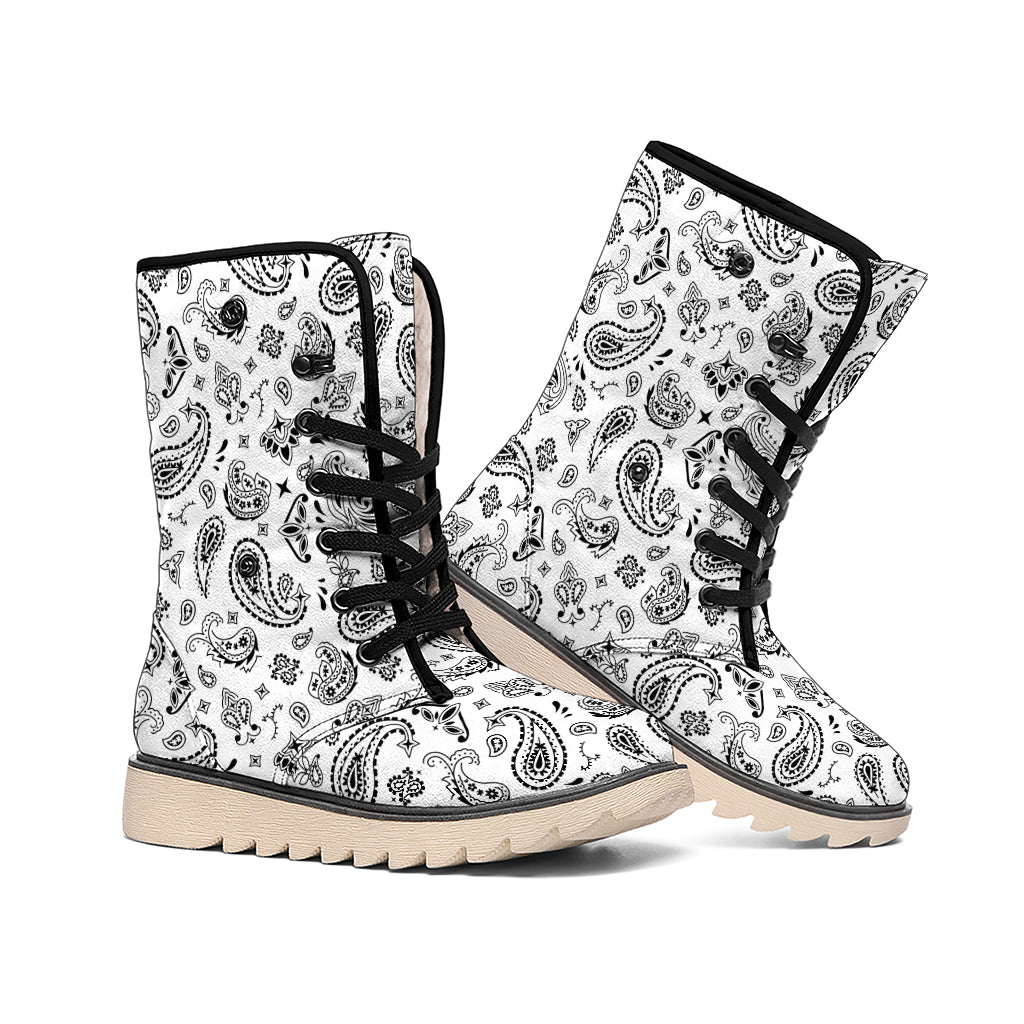 White Paisley Bandana Pattern Print Winter Boots