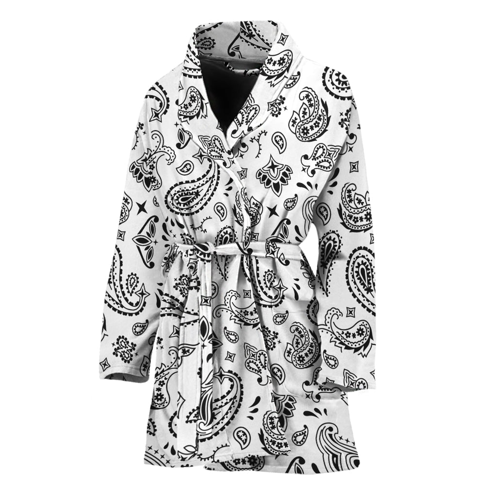White Paisley Bandana Pattern Print Women's Bathrobe
