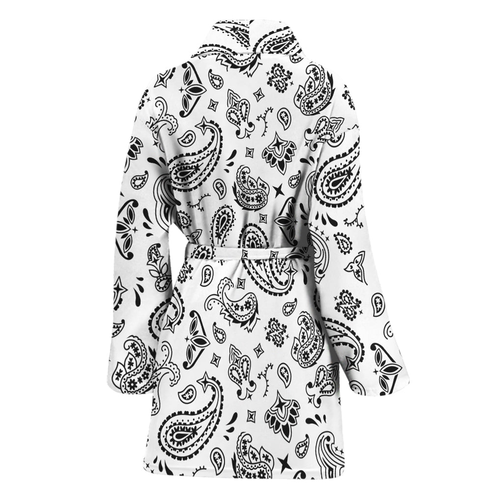 White Paisley Bandana Pattern Print Women's Bathrobe