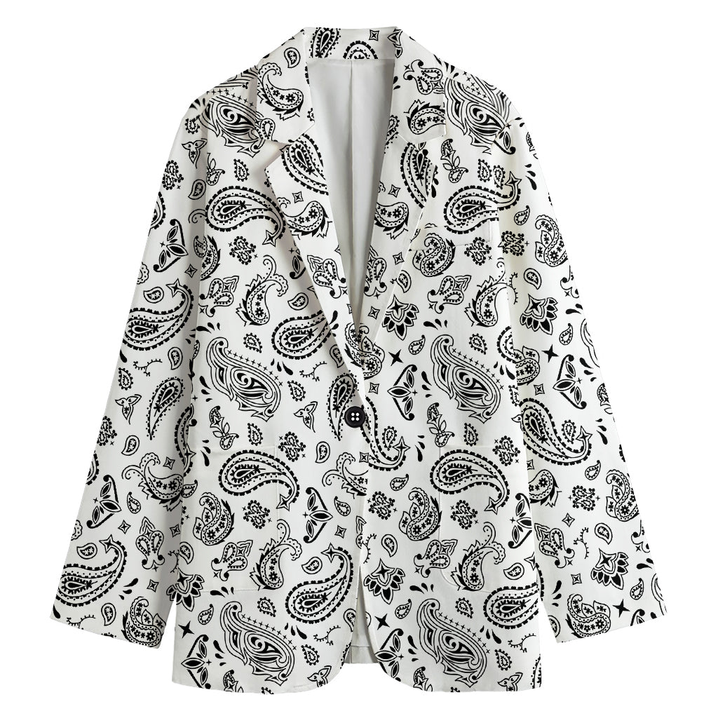 White Paisley Bandana Pattern Print Women's Blazer