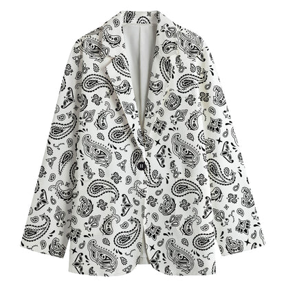 White Paisley Bandana Pattern Print Women's Blazer