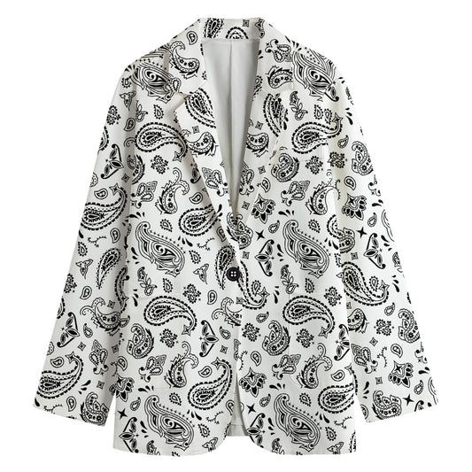 White Paisley Bandana Pattern Print Women's Blazer