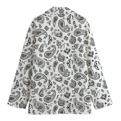 White Paisley Bandana Pattern Print Women's Blazer