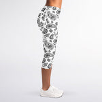 White Paisley Bandana Pattern Print Women's Capri Leggings