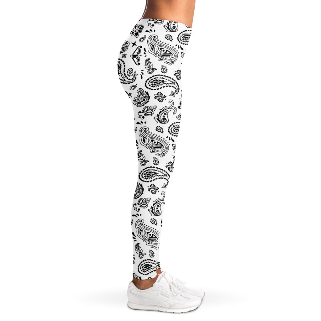 White Paisley Bandana Pattern Print Women's Leggings