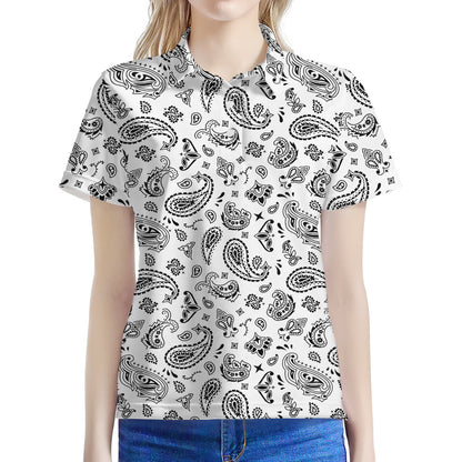 White Paisley Bandana Pattern Print Women's Polo Shirt