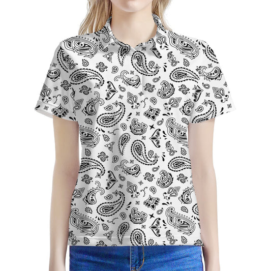 White Paisley Bandana Pattern Print Women's Polo Shirt