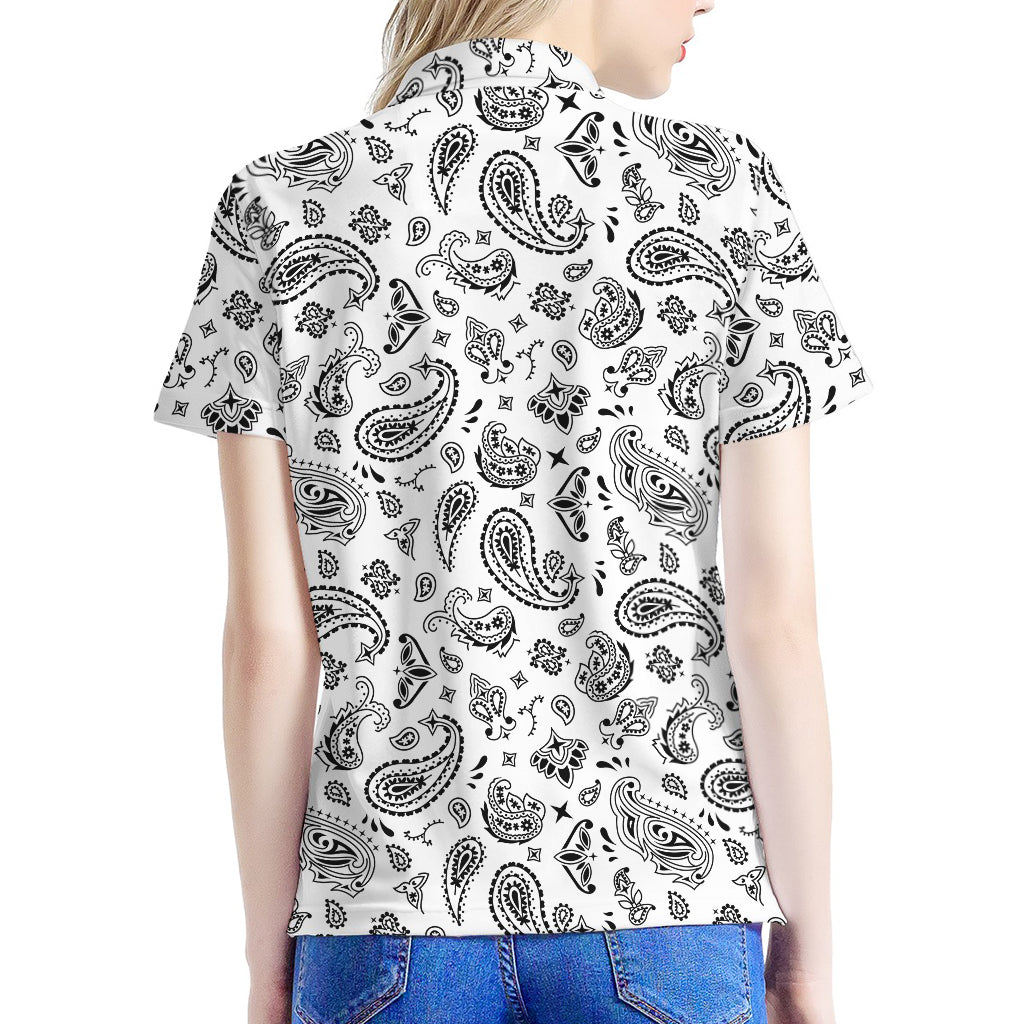 White Paisley Bandana Pattern Print Women's Polo Shirt