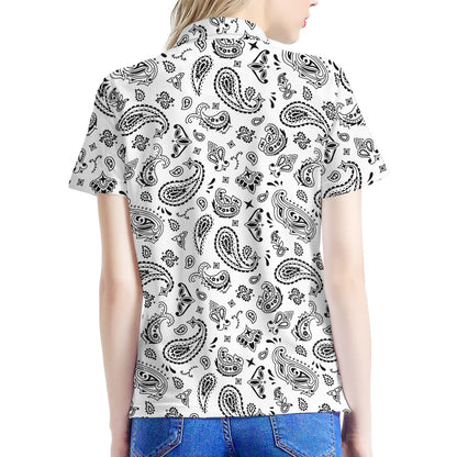 White Paisley Bandana Pattern Print Women's Polo Shirt
