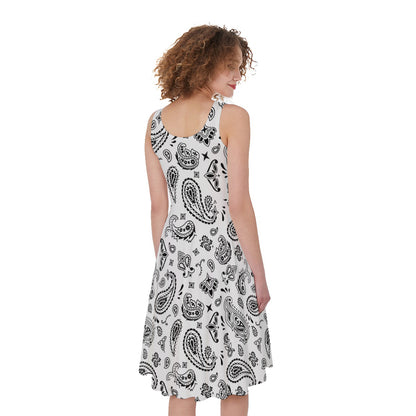 White Paisley Bandana Pattern Print Women's Sleeveless Dress