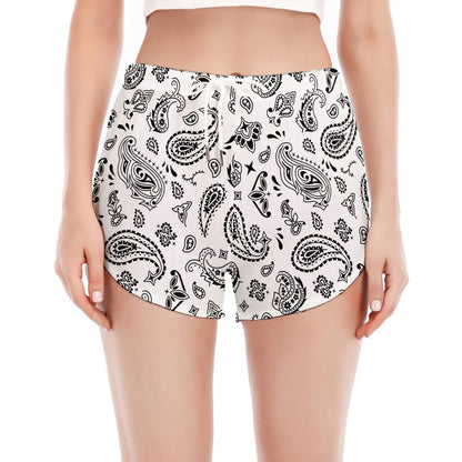 White Paisley Bandana Pattern Print Women's Split Running Shorts