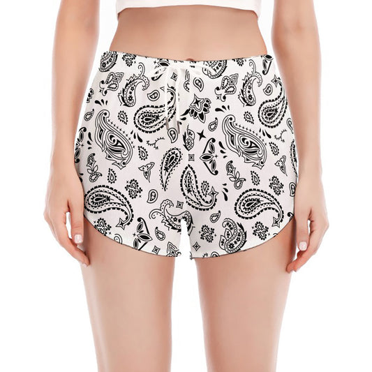 White Paisley Bandana Pattern Print Women's Split Running Shorts