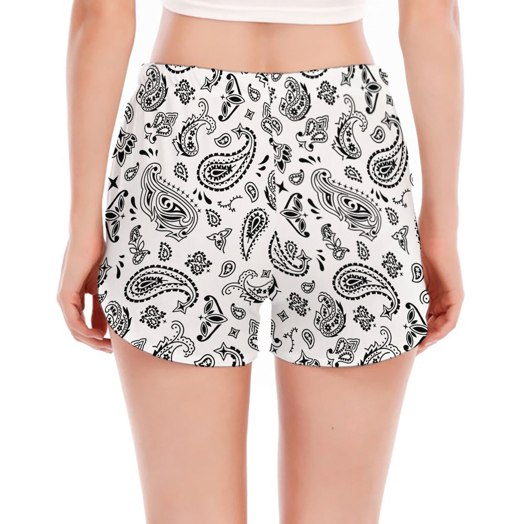 White Paisley Bandana Pattern Print Women's Split Running Shorts