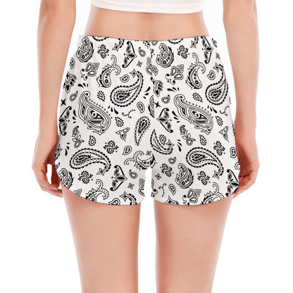 White Paisley Bandana Pattern Print Women's Split Running Shorts
