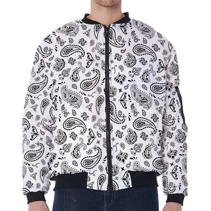 White Paisley Bandana Pattern Print Zip Sleeve Bomber Jacket