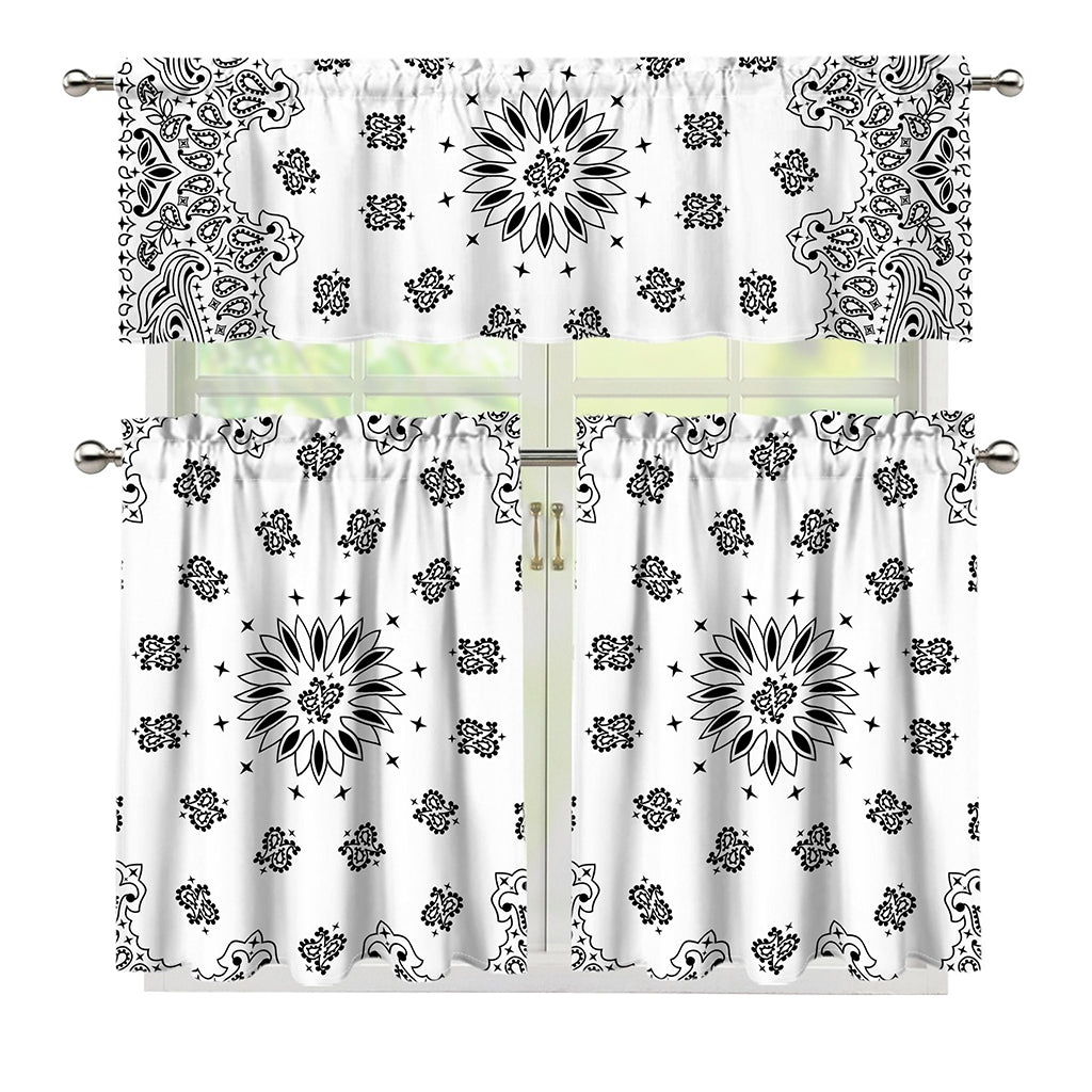 White Paisley Bandana Print 3 Piece Kitchen Curtains