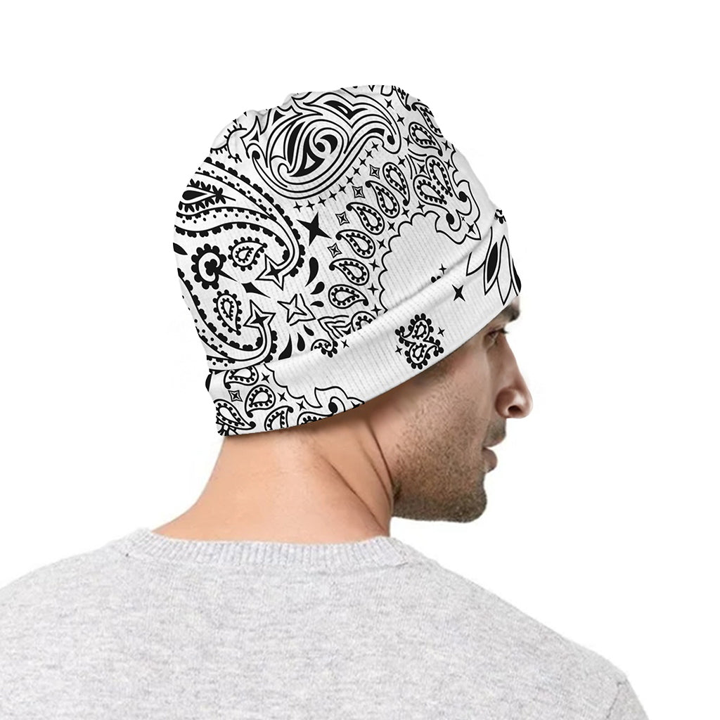 White Paisley Bandana Print Beanie