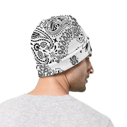 White Paisley Bandana Print Beanie