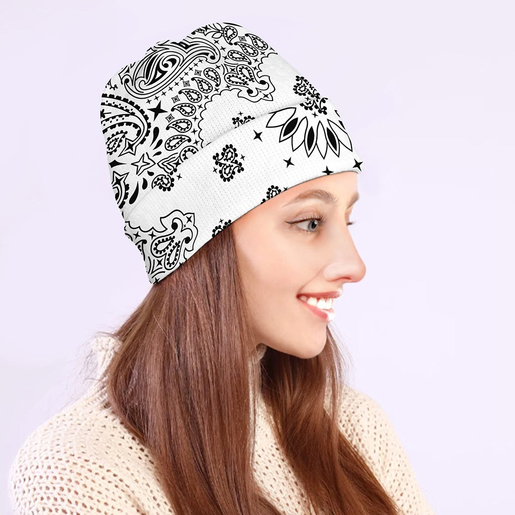White Paisley Bandana Print Beanie