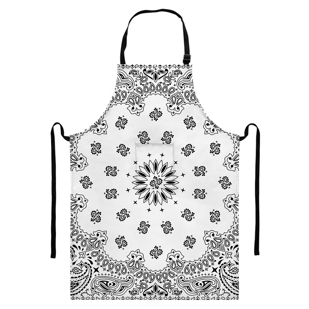 White Paisley Bandana Print Bib Apron With Pocket