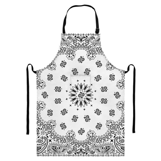 White Paisley Bandana Print Bib Apron With Pocket